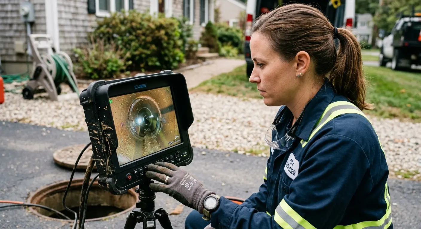 Technician reviewing sewer camera inspection footage in Pella