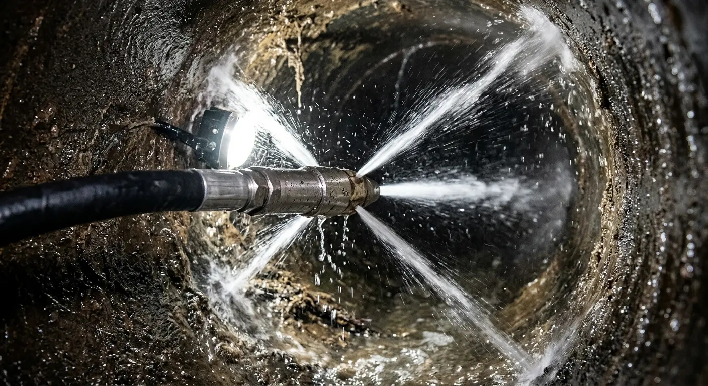 High-pressure hydro jetting nozzle cleaning sewer pipe for Trenchless Sewer Repair in Pella