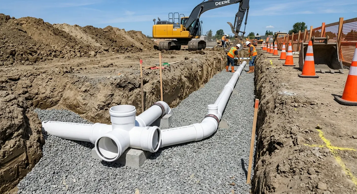 New PVC sewer pipe installation in open trench for Commercial Drain Cleaning in Pella