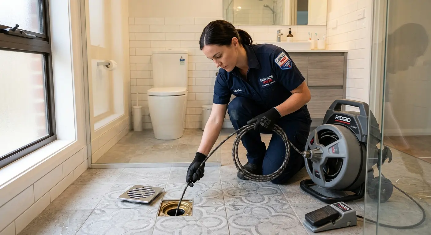 Technician clearing a bathroom floor drain for Sewer Line Replacement in Pella